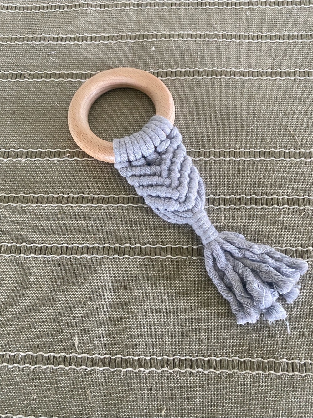 Gray Crochet Baby Teether Sensory Toy, Montessori Wooden Toy Baby Shower Gift